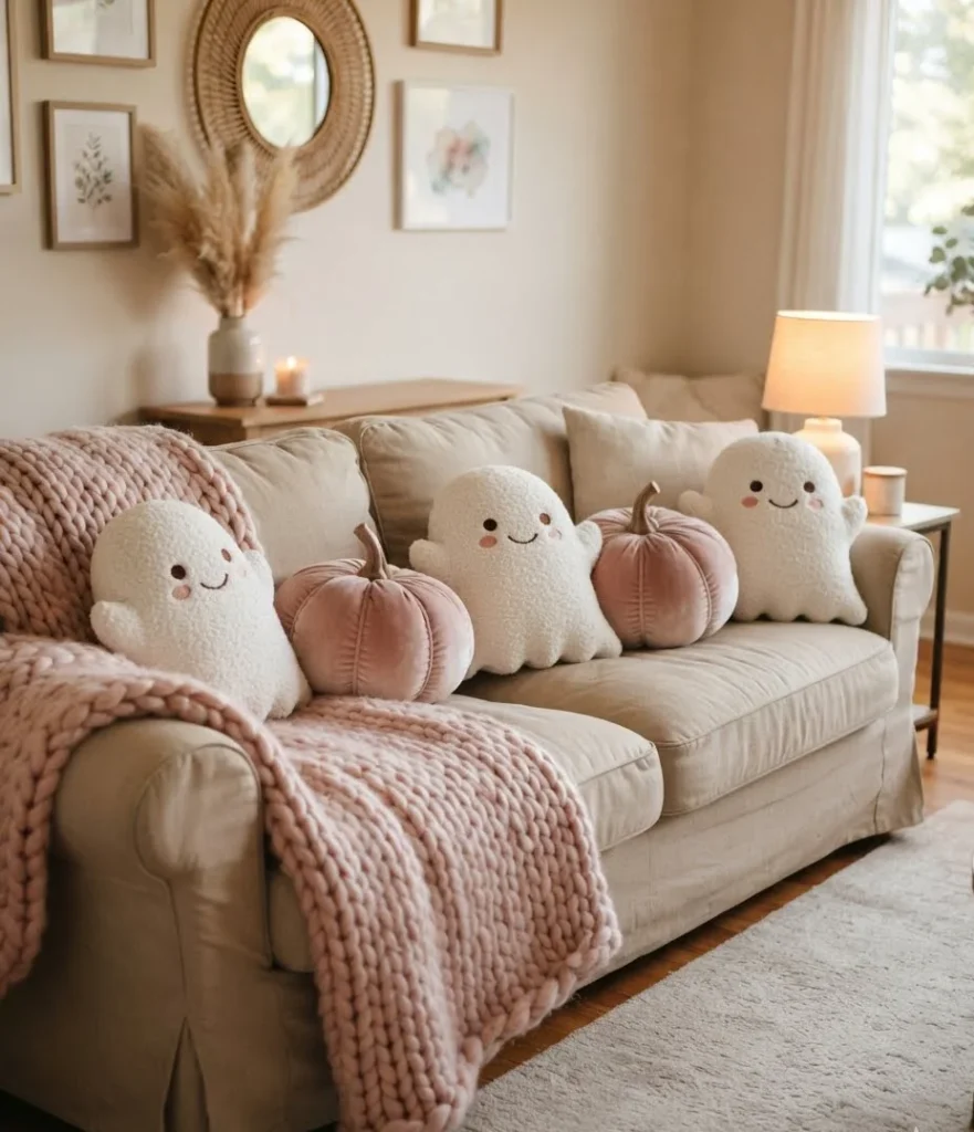 Bouclé Ghost Pillows and Pink Pumpkin Plush Mix