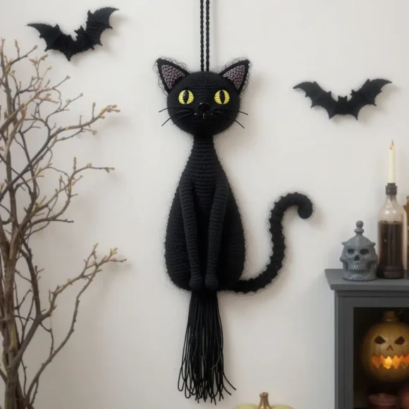 Crochet Black Cat Wall Hanging
