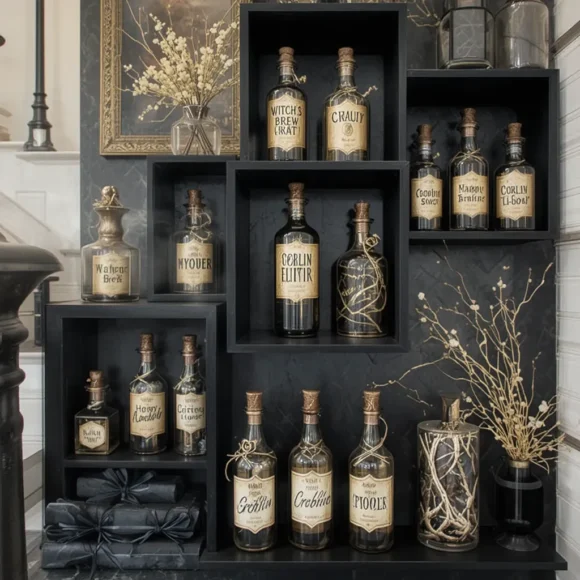 Gold Potion Bottles on Black Shelves