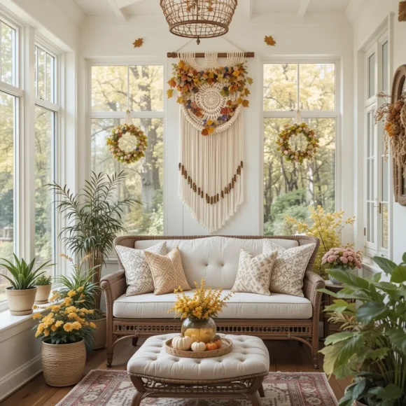 Hanging Macrame with Fall Leaves