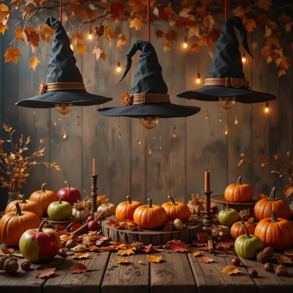 Hanging Witch Hats Over a Fall Spread