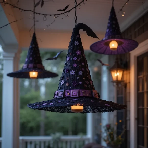 Hanging Witch Hats with Lights