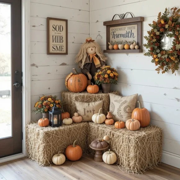 Hay Bale Stack with Decor Accents
