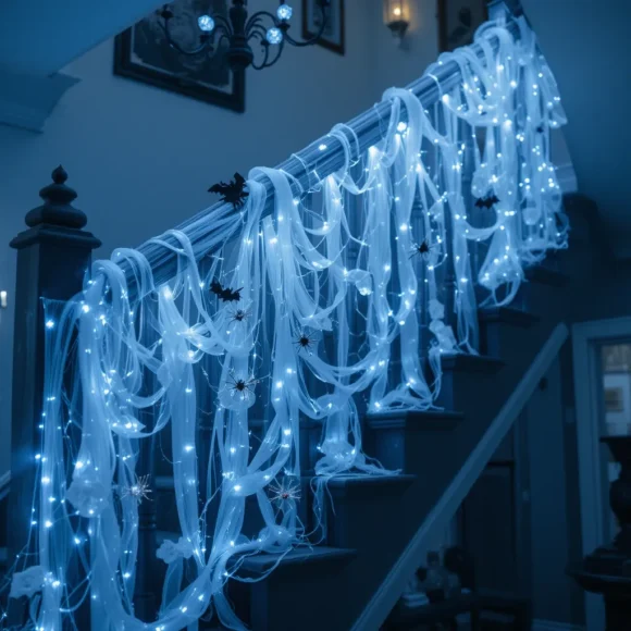 Icy Blue Cobweb-Wrapped Indoor Staircase