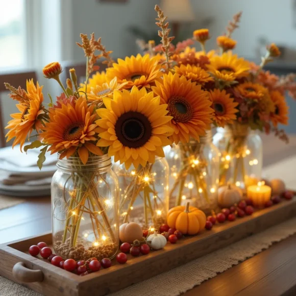 Mason Jars with Flowers and Lights