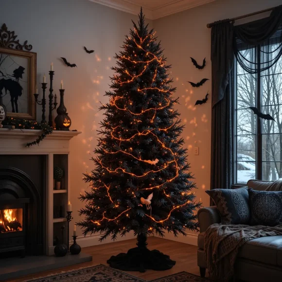 Midnight Black Tree with Orange Lights