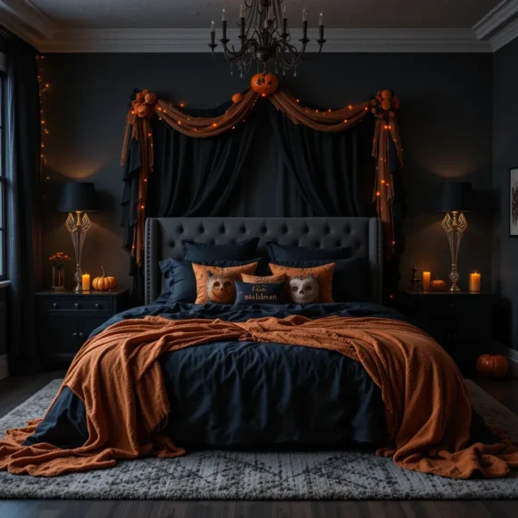 Moody Black Bedding with Orange Accents