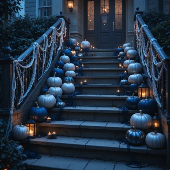 Navy and Silver Outdoor Staircase Pumpkins