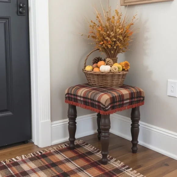 Plaid Rug with Footstool Decor