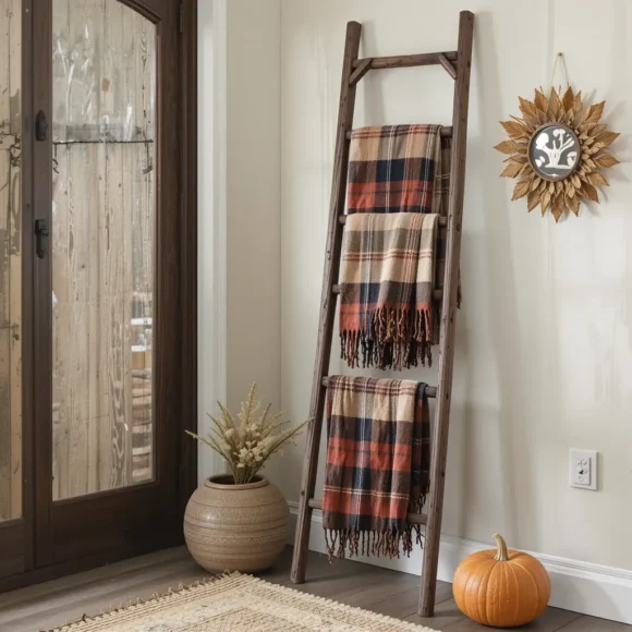 Rustic Ladder with Hanging Blankets