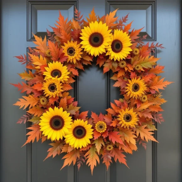 Sunflower and Orange Maple Leaves