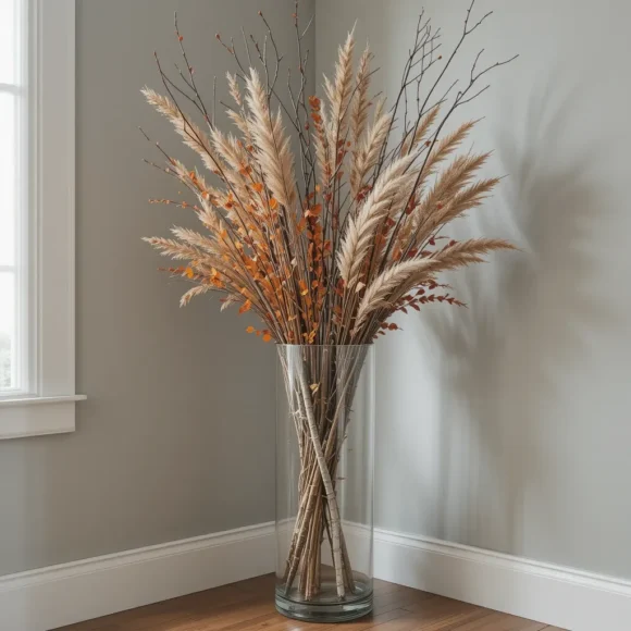 Tall Glass Vase with Dried Branches