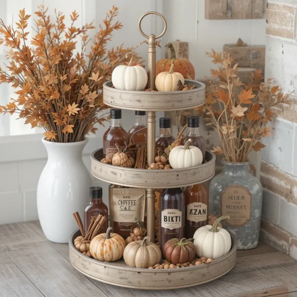 Tiered Tray with Seasonal Coffee Bar Decor