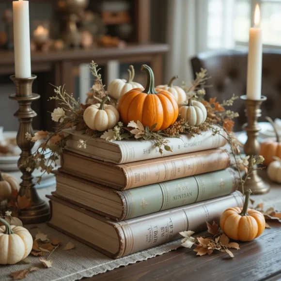 Vintage Books with Pumpkins
