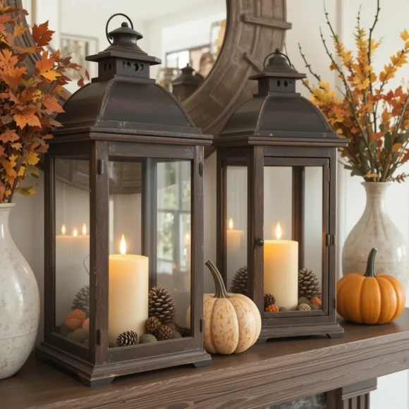 Wooden Lanterns with Pumpkins Inside