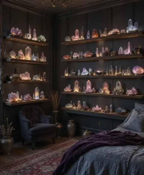 Crystal Displays on Shelves - Witchy Bedroom Ideas 