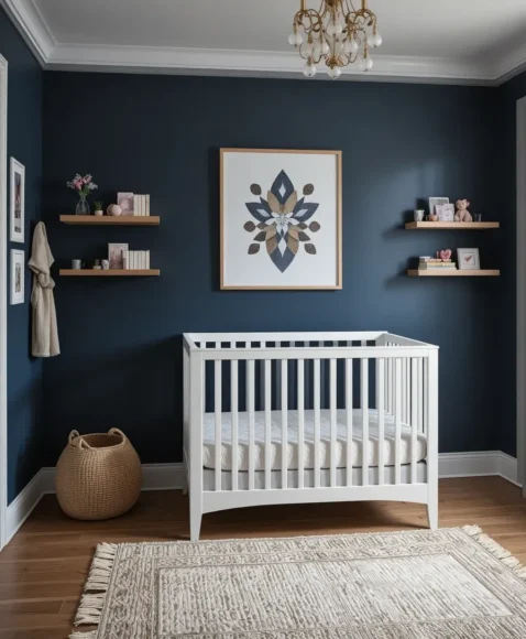 Dark Navy Walls with White Crib Contrast - Dark Nursery Ideas