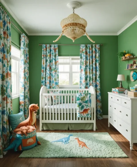 Jungle Green and Dino Prints - Dinosaur Nursery Ideas