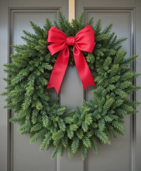 Traditional Evergreen Wreath with Red Bow