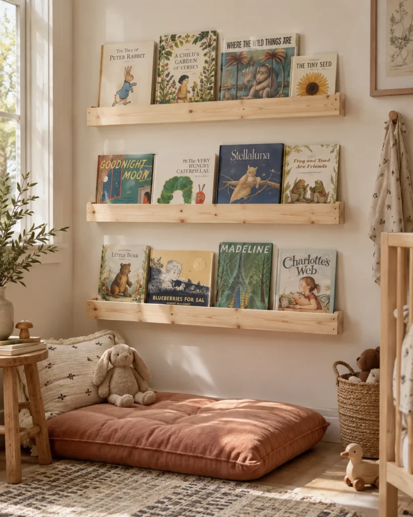 Low-Profile Floating Raw Pine Book Ledges