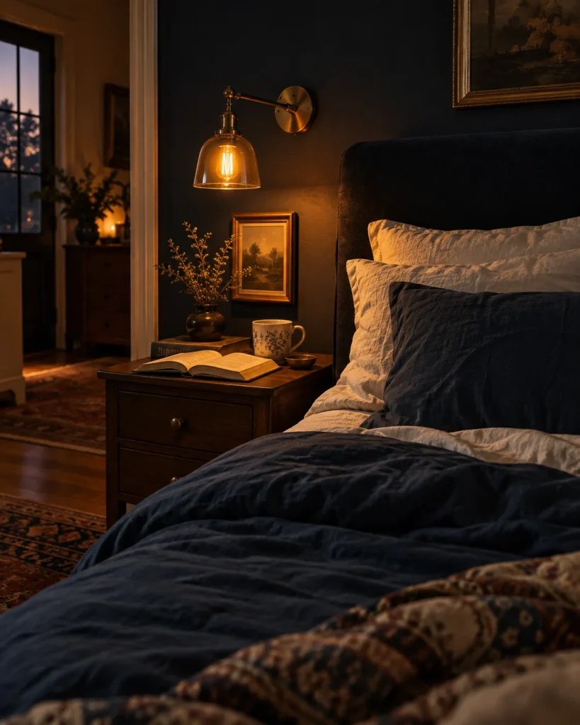 Midnight Inky Navy with Low Amber Sconces
