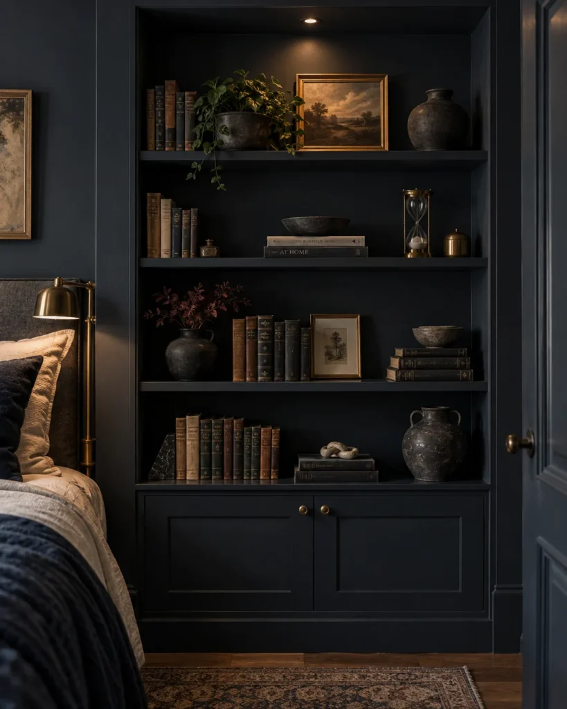 Monochromatic Built-In Dark Bookshelf Alcove