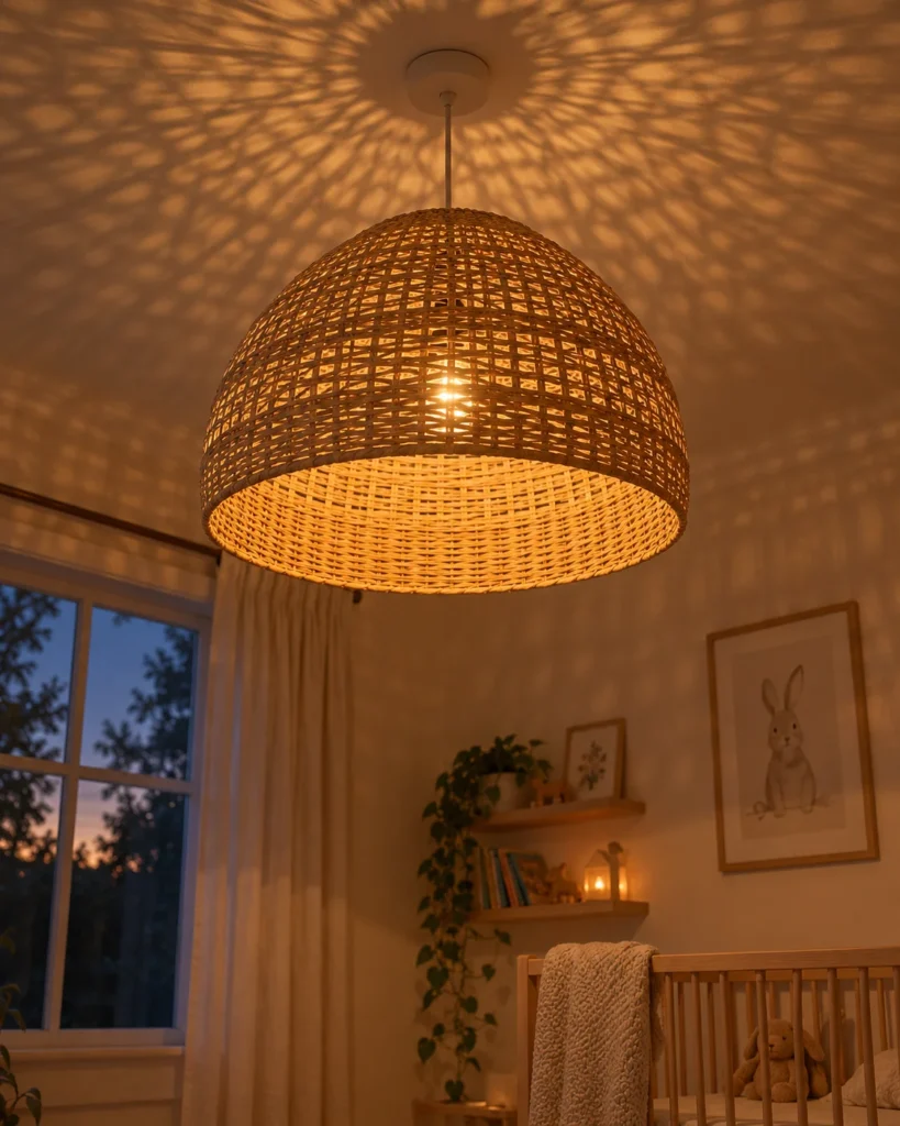 Rattan Woven Dome Pendant with Warm Dappled Light