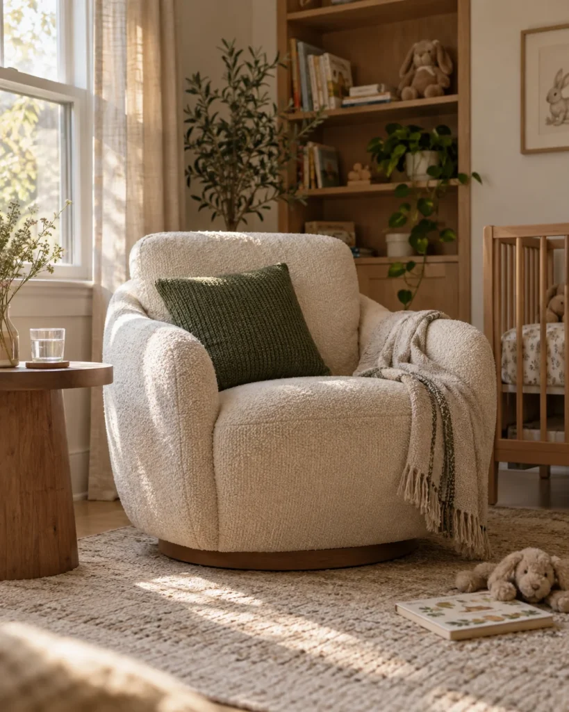 Textured Oatmeal Boucle Swivel Glider with Timber Base