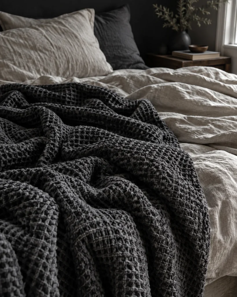 Waffle-Knit Charcoal & Oatmeal Bedding Texture