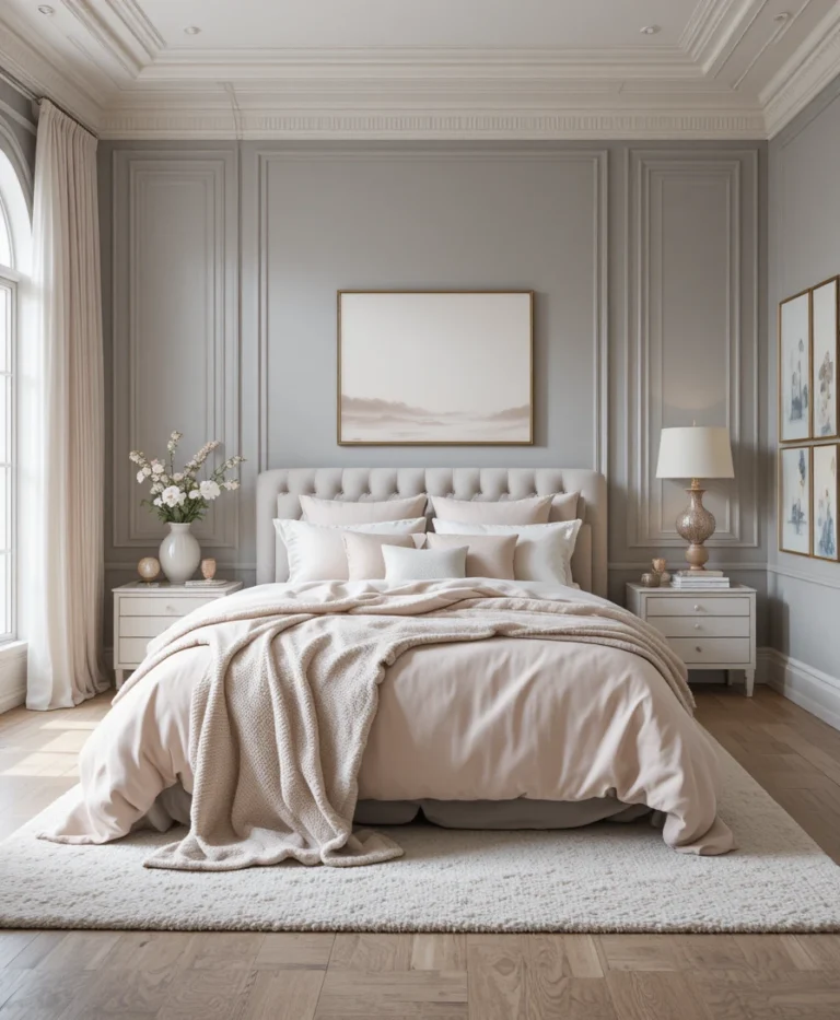 Grey and Pink Bedroom with Layered Neutrals