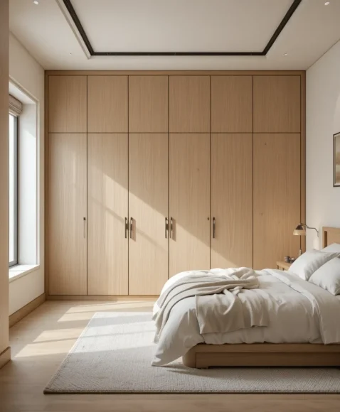 Built-In Closet Wall with Soft Wood Tones