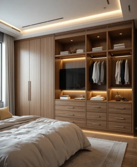 Built-In Closet Wall with Warm Lighting Tone