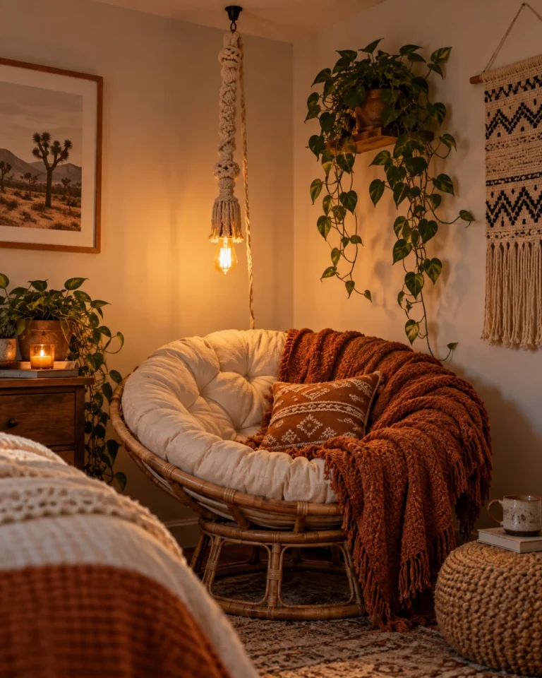 Classic Papasan Chair with Macrame Swag Light
