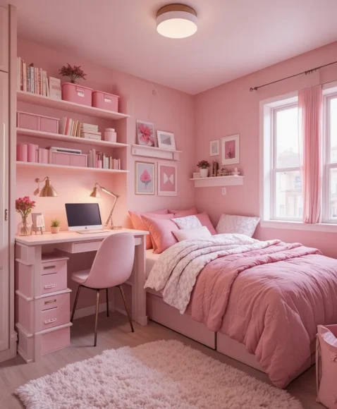 Pink Storage-Focused Dorm Setup