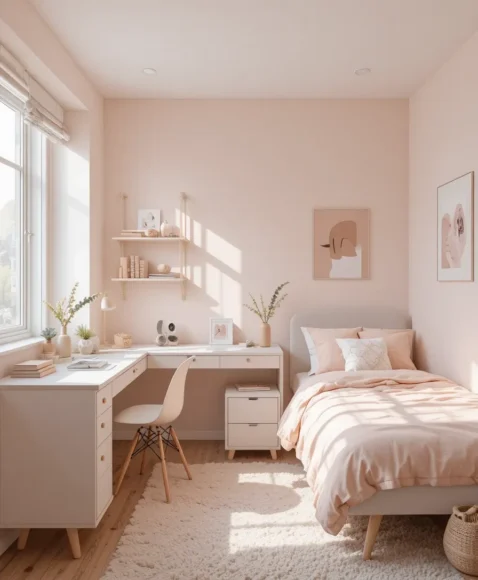 Soft Blush Minimalist Dorm Room