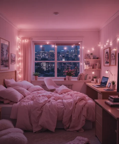 Soft Pink Nighttime Dorm Mood
