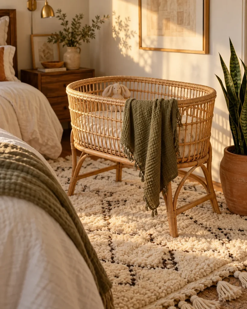 Boho Rattan Bassinet with Textured Rugs