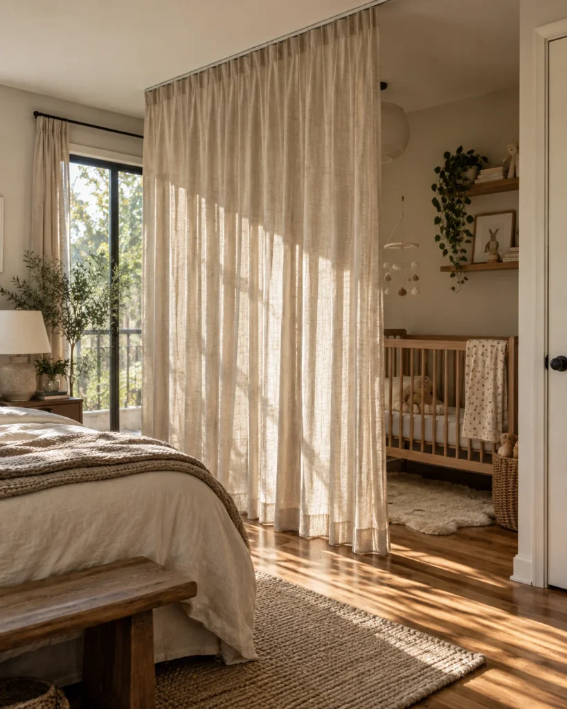 Ceiling Tension-Rod Linen Privacy Curtain