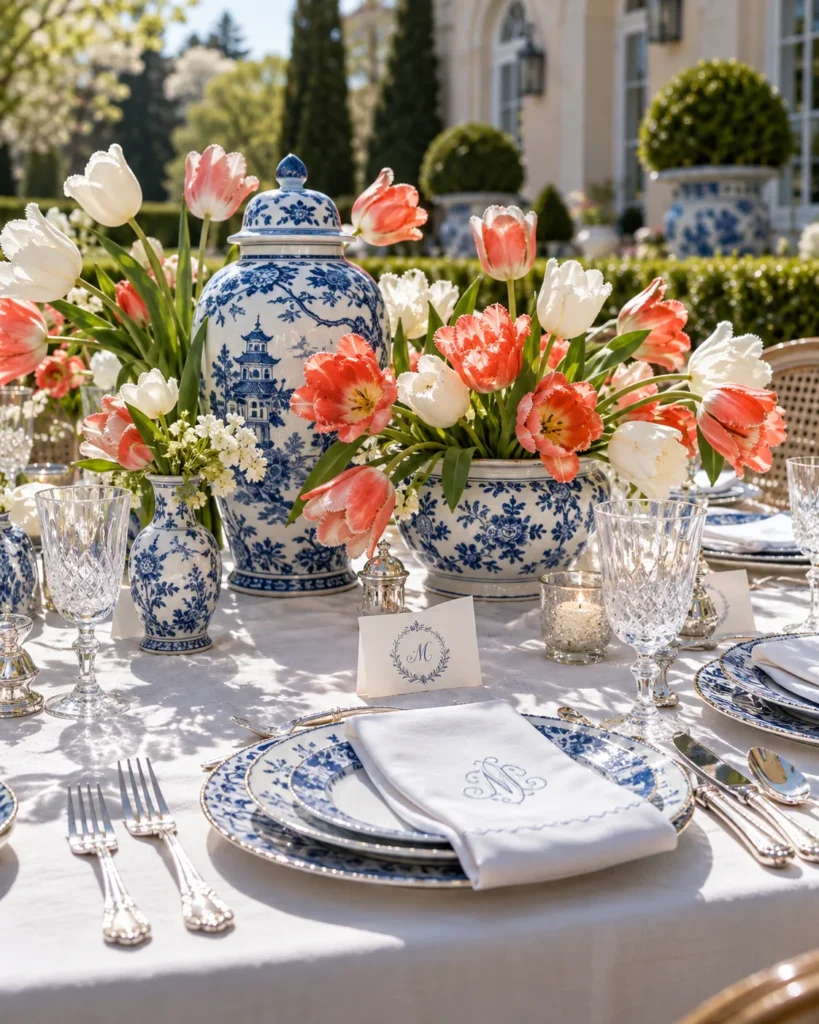 Chinoiserie Blue & White Vases with French Tulips