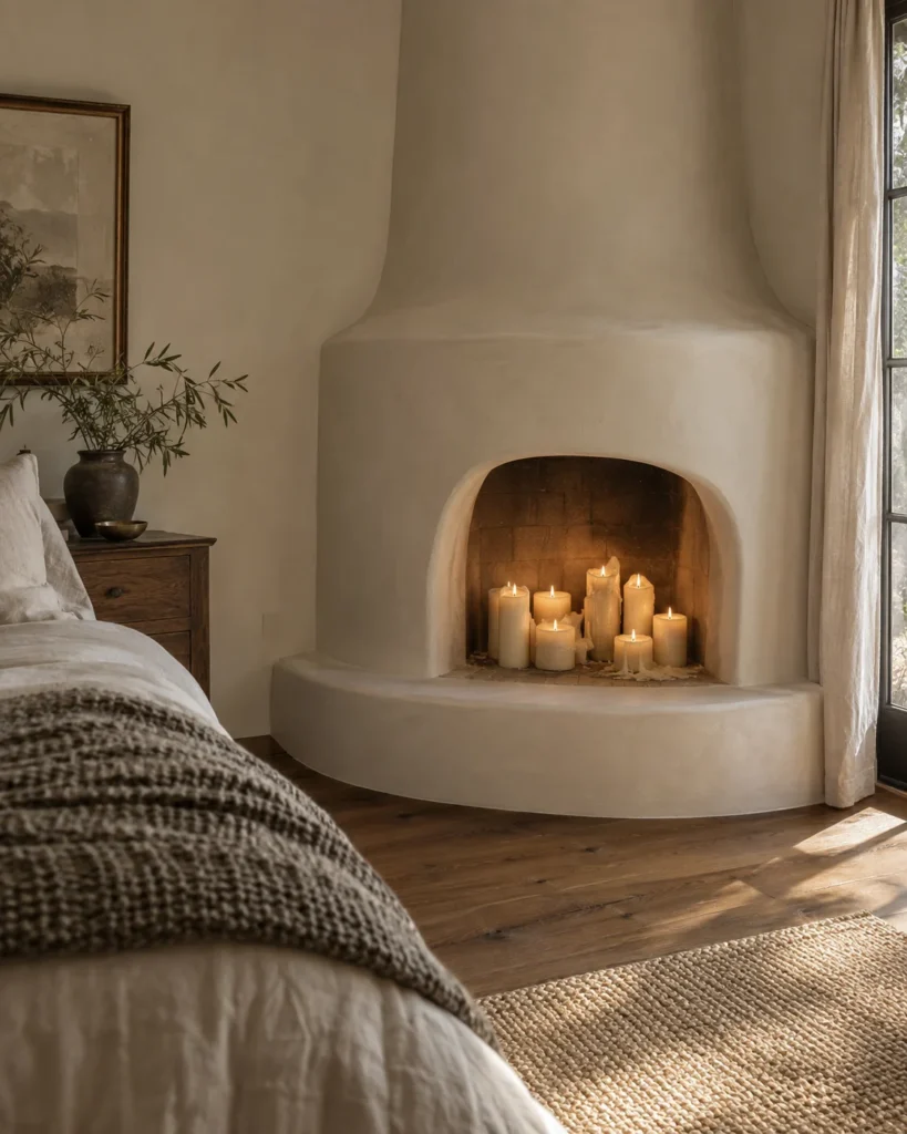 Curved Minimalist White Plaster Fireplace
