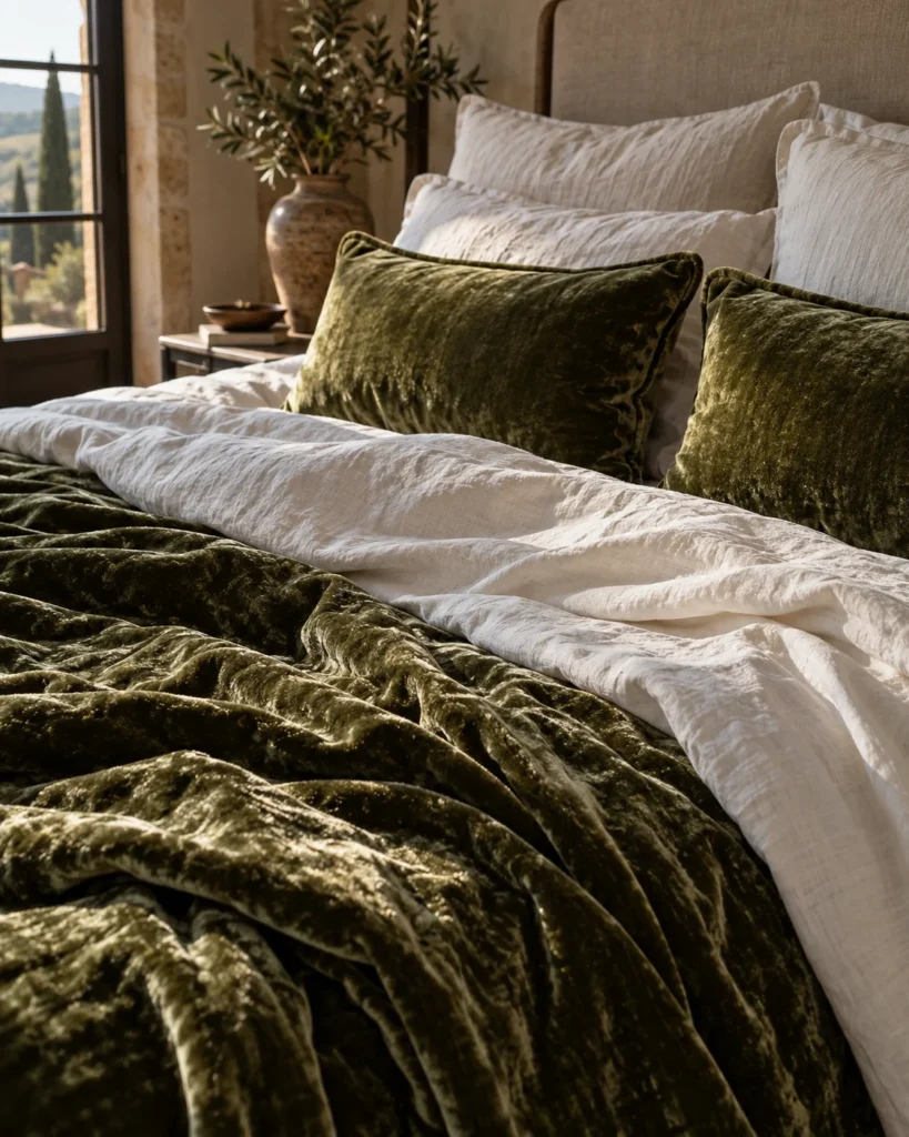 Earthy Olive-Branch Velvet & Crisp Linen