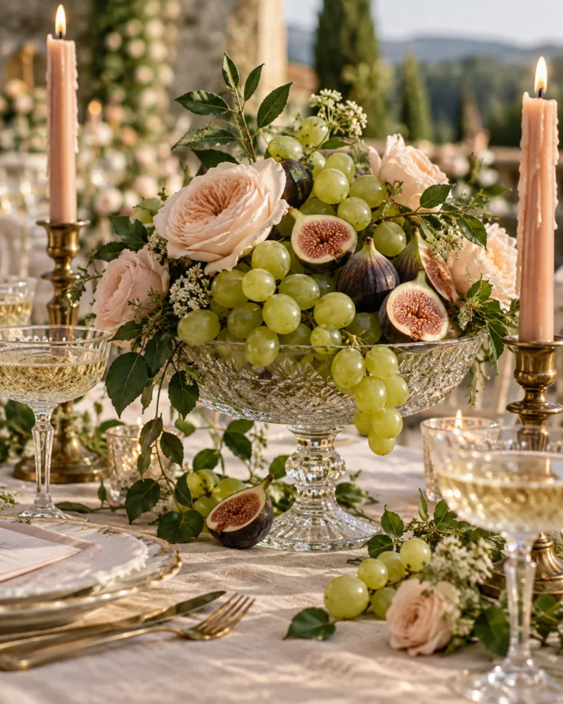 Footed Glass Compotes with Seasonal Fruits & Blooms