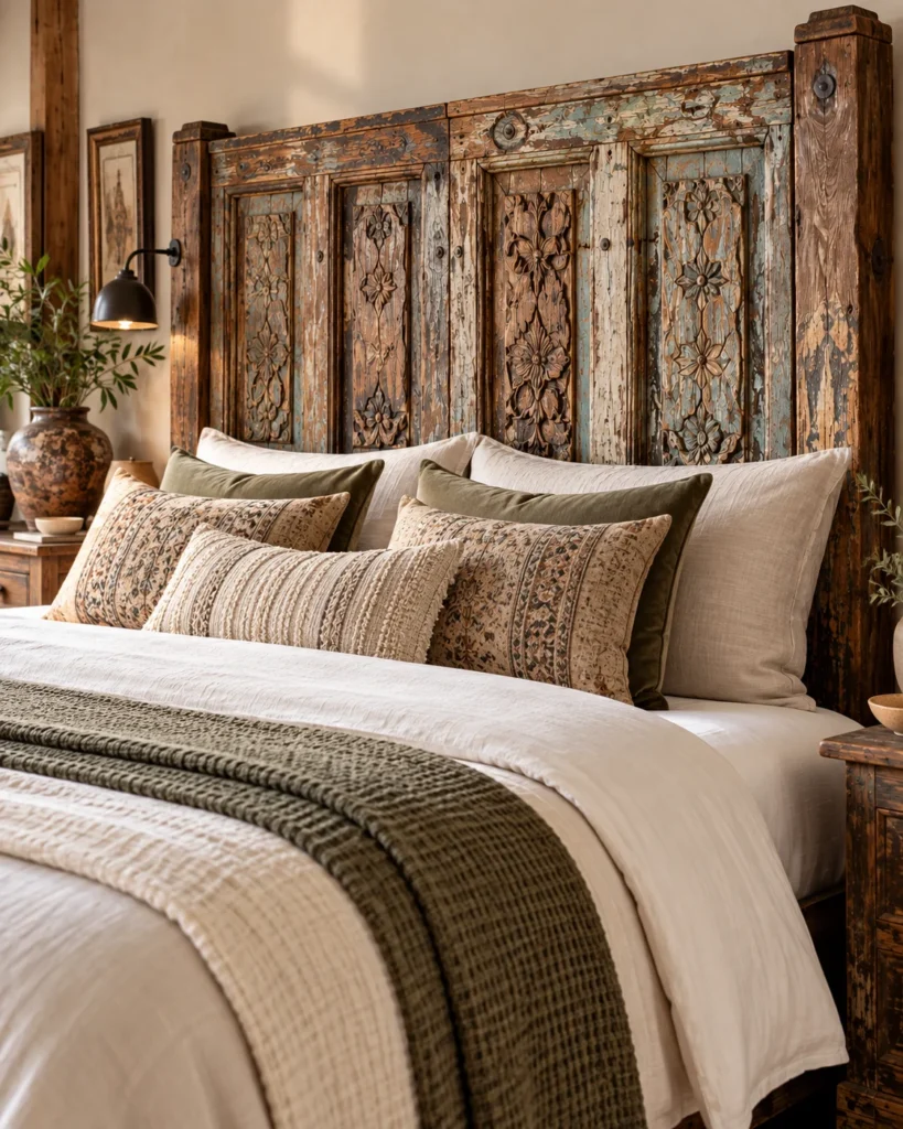 Hand-Carved Reclaimed Wood Headboard