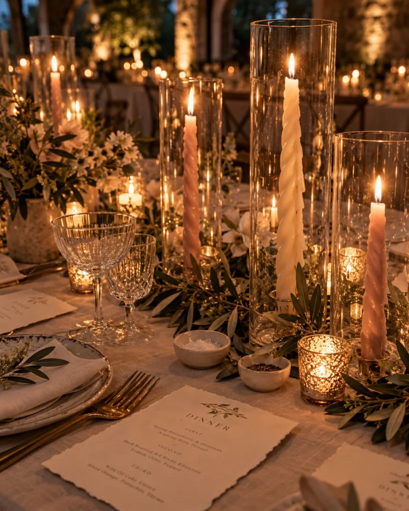 Sculptural Taper Candles in Hurricane Glass