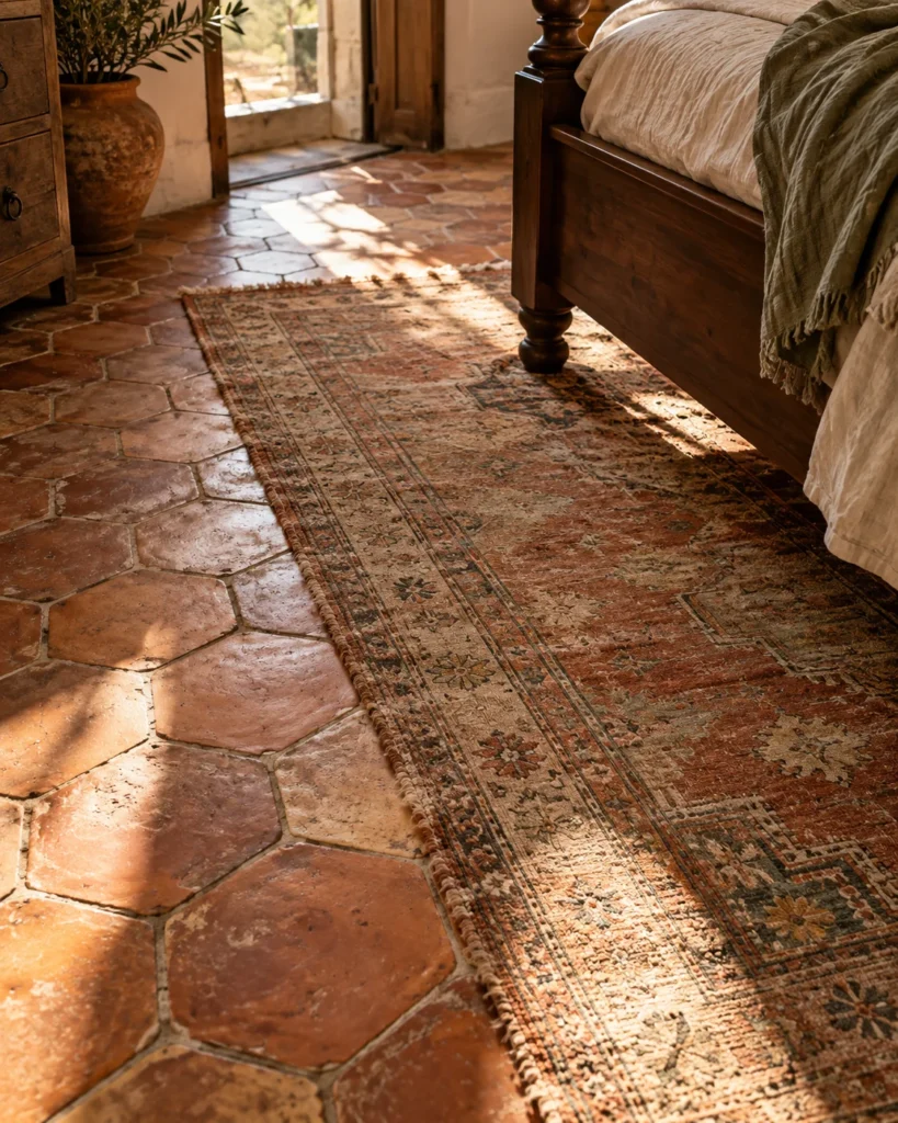  Terracotta Floor Tiles with Distressed Rug