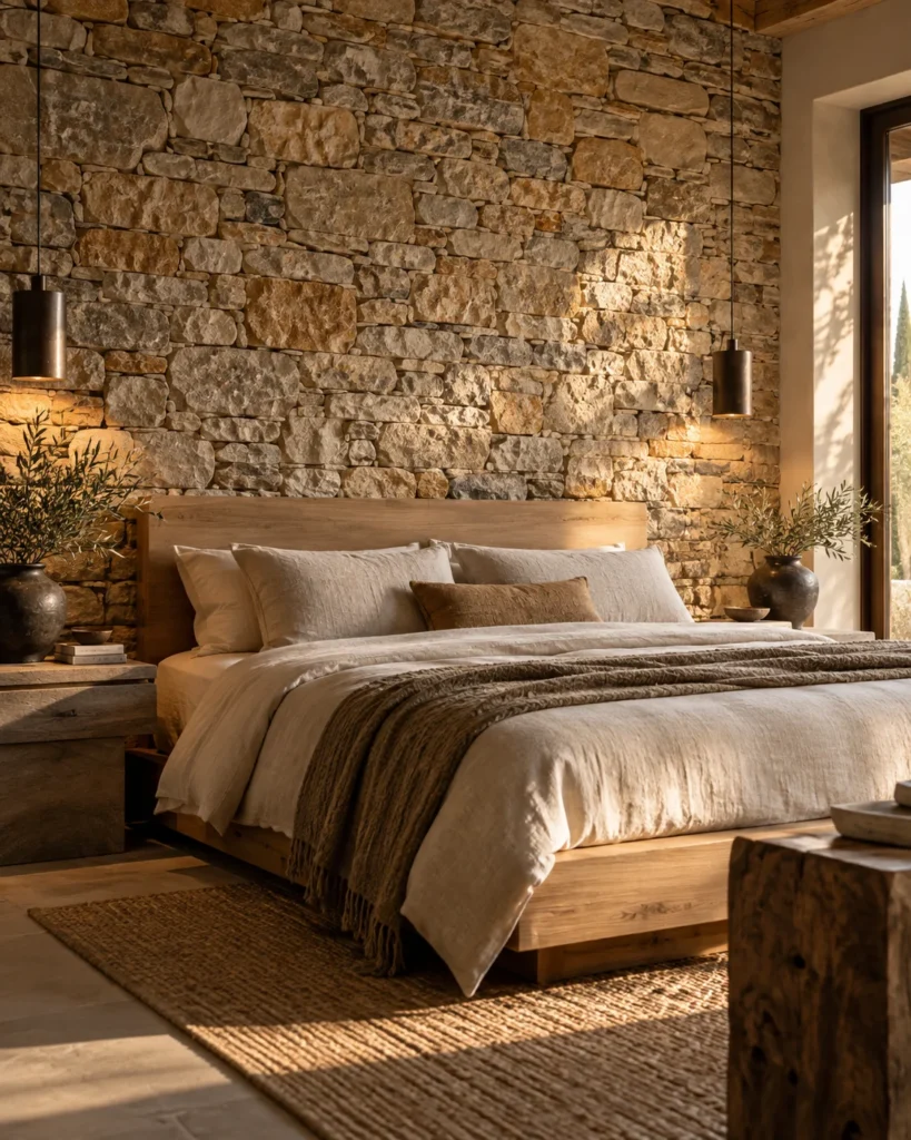 Textural Dry-Stack Stone Wall Headboard