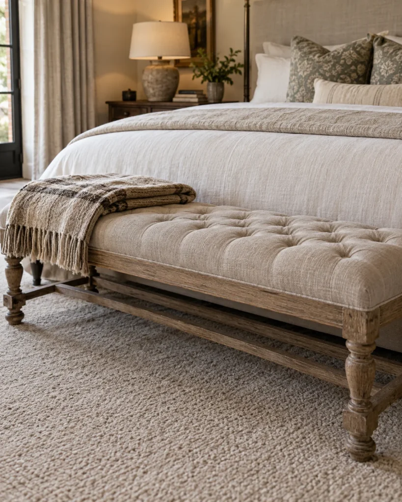 Weathered Oak & Tufted Linen Bench