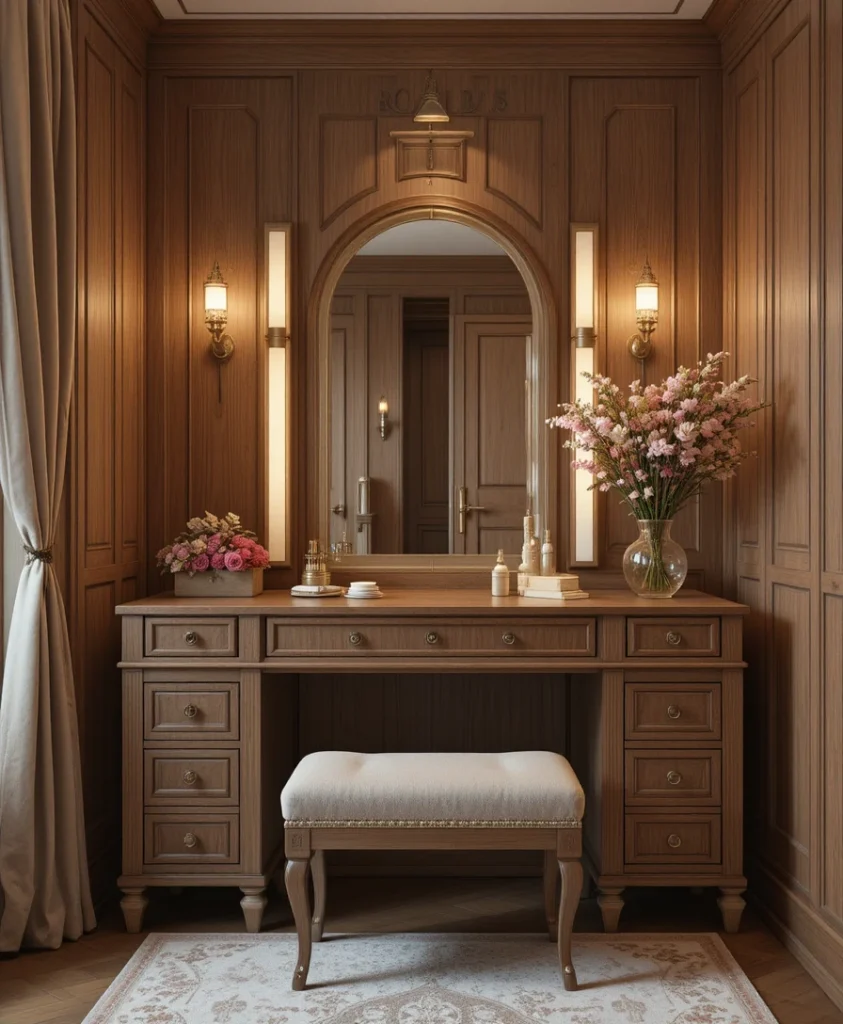 Wooden Vanity with an Upholstered Bench