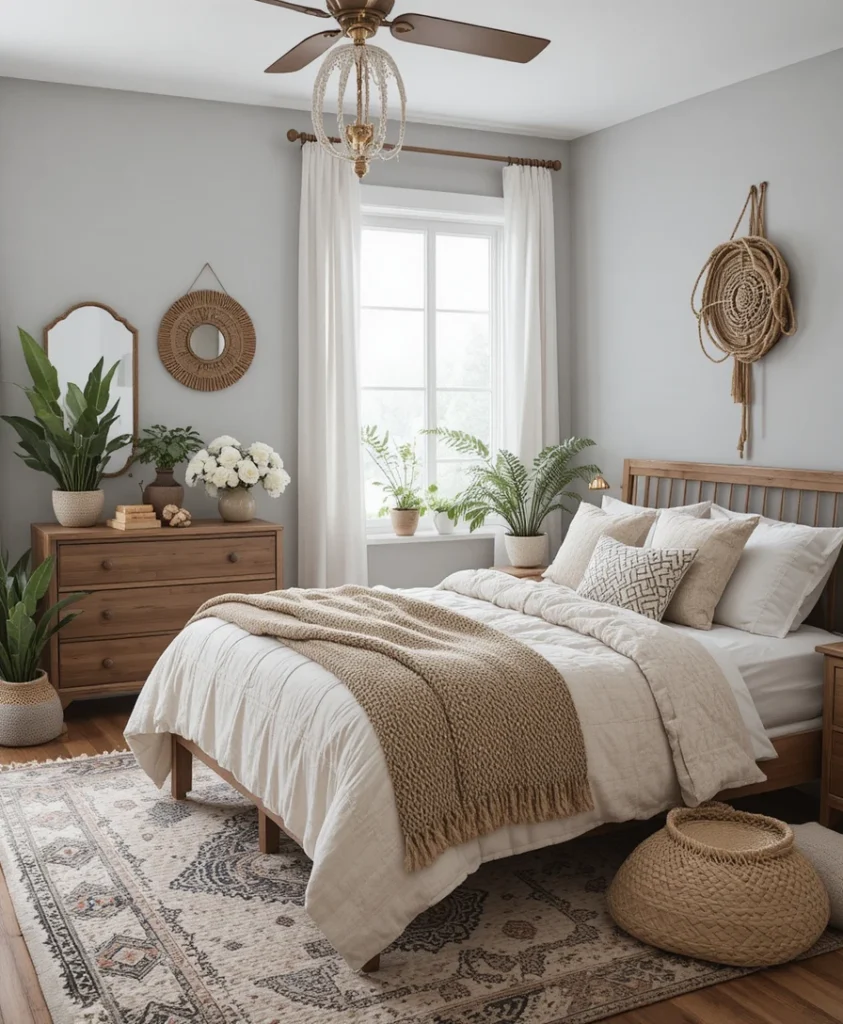 Balanced Grey Boho Bedroom Design