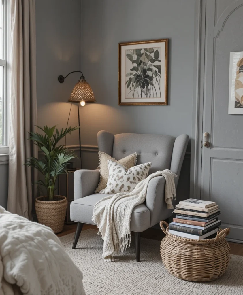 Cozy Grey Boho Reading Corner